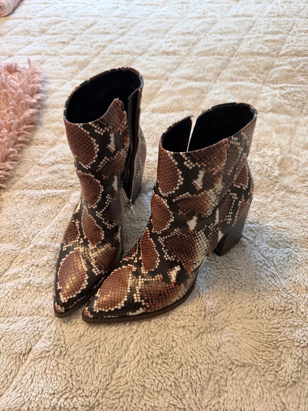 Nine West Brown Snake-Print Pointed Ankle Boots